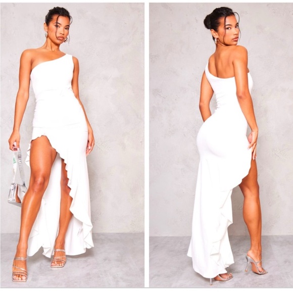 PrettyLittleThing Dresses & Skirts - PrettyLittleThing White Asymmetrical Ruffled Maxi Dress